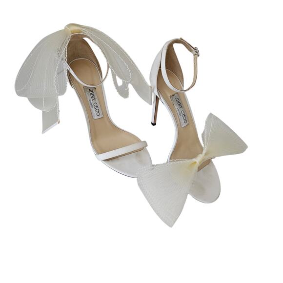 Jimmy Choo Aveline 100 Bow Heel Sandal Size 38.5 US 8.5 Ivory White Bridal - Picture 1 of 8
